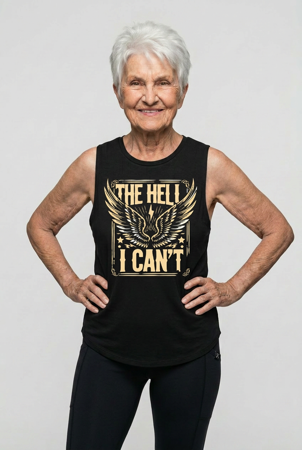 Strong midlife senior woman wearing motivational fitness tank top from Old Lady Gains