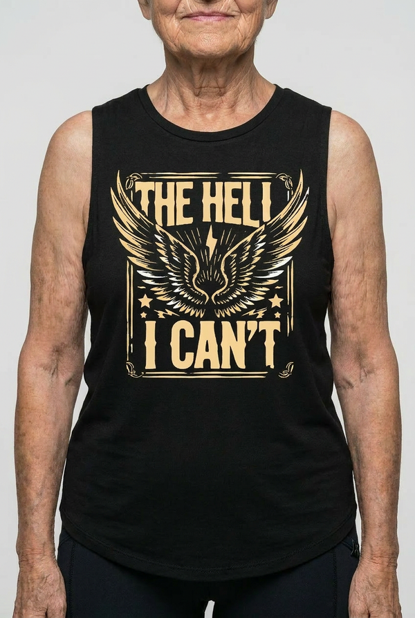 Person wearing a black tank top with gold graphic and text on a white background