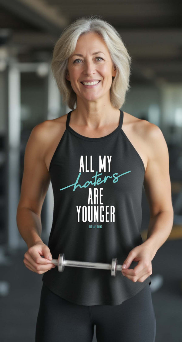 Women wearing Fun and sassy graphic top featuring "All My Haters Are Younger" text from Old Lady Gains