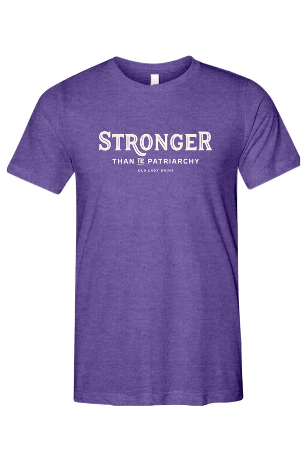 Purple t-shirt with 'Strong Than The Patricarchy' text on a white background