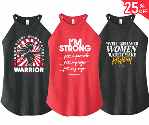 Three halter tank tops with motivational quotes for women over 40 on a white background