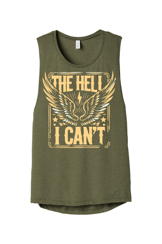 Empowering women's workout tank for women over 40 featuring The Hell I Can't graphic