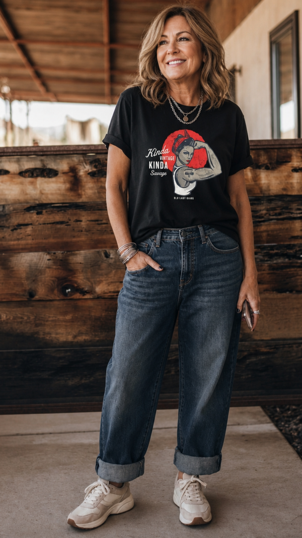 Woman wearing a black t-shirt with a graphic design and text, standing in front of a wooden wall.