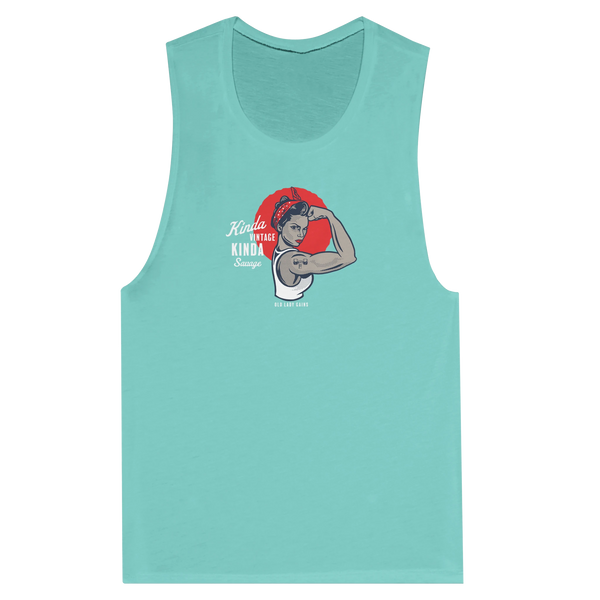 Mint green tank top with an Old Lady Gains graphic Rosie design