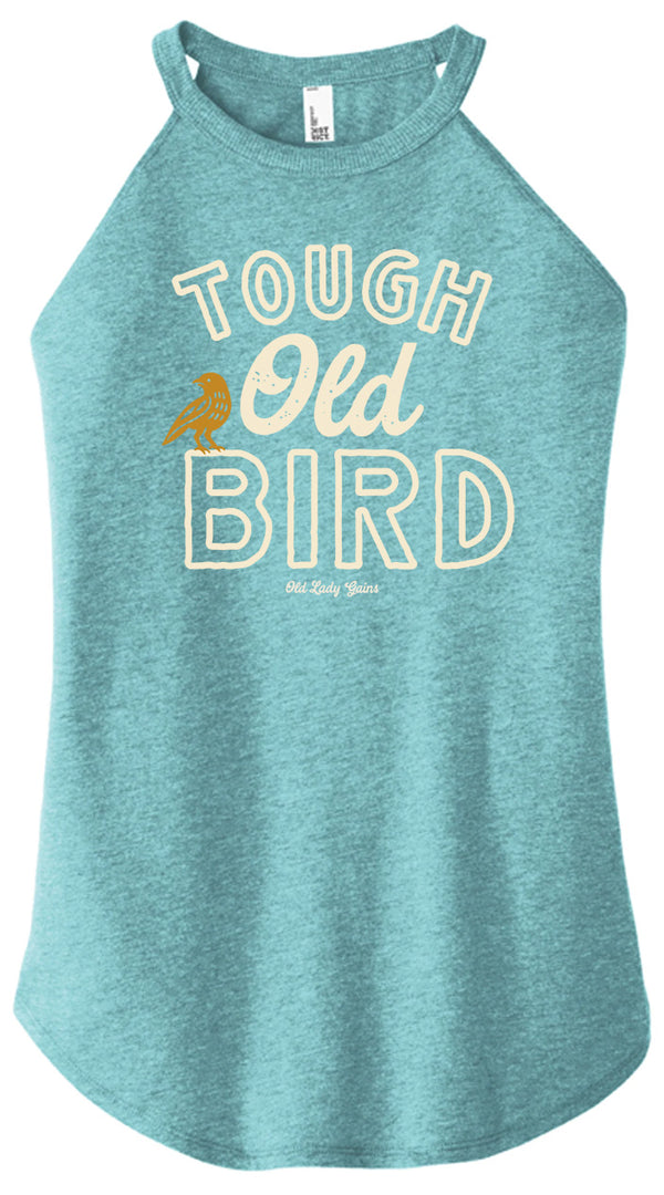 Teal tank top with 'Tough Old Bird' text and a bird graphic on a white background