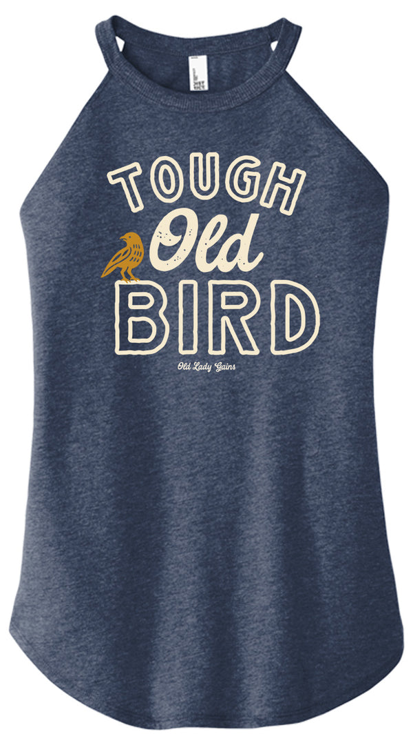Navy blue tank top with 'Tough Old Bird' text and graphic on a white background