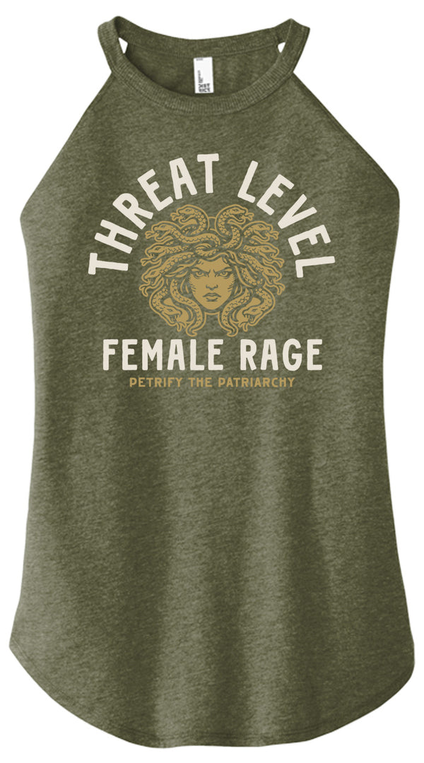 Green tank top with 'Threat Level Female Rage' graphic design on a white background