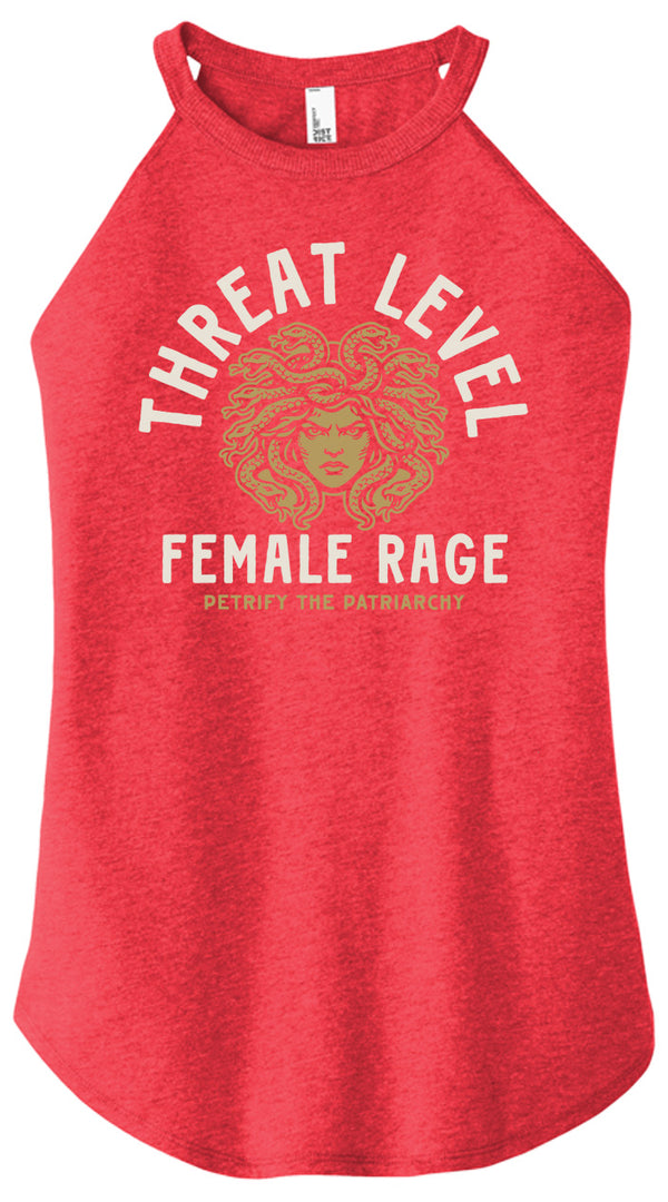 Red tank top with 'Threat Level Female Rage' graphic design on a white background