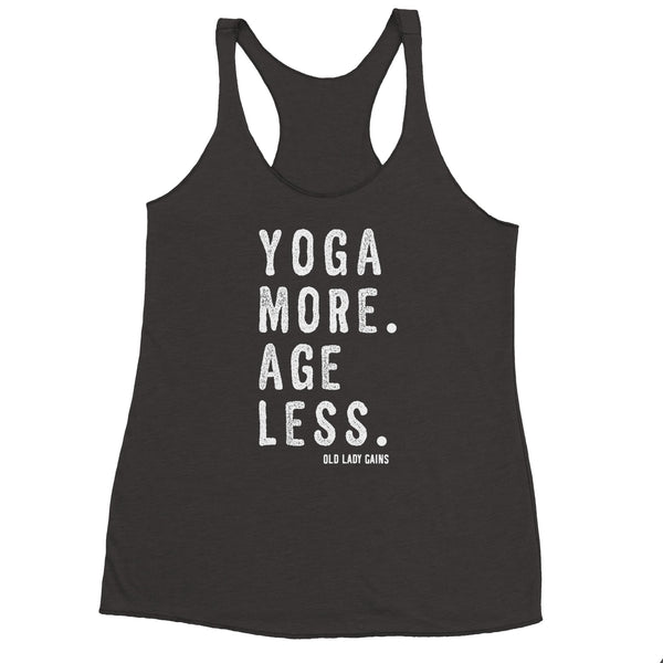 Soft lightweight triblend tank top promoting healthy aging through yoga, movement, and strength training.