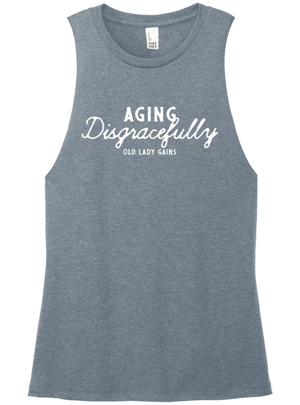 Fun and empowering "Aging Disgracefully" text print on a blue muscle tank top