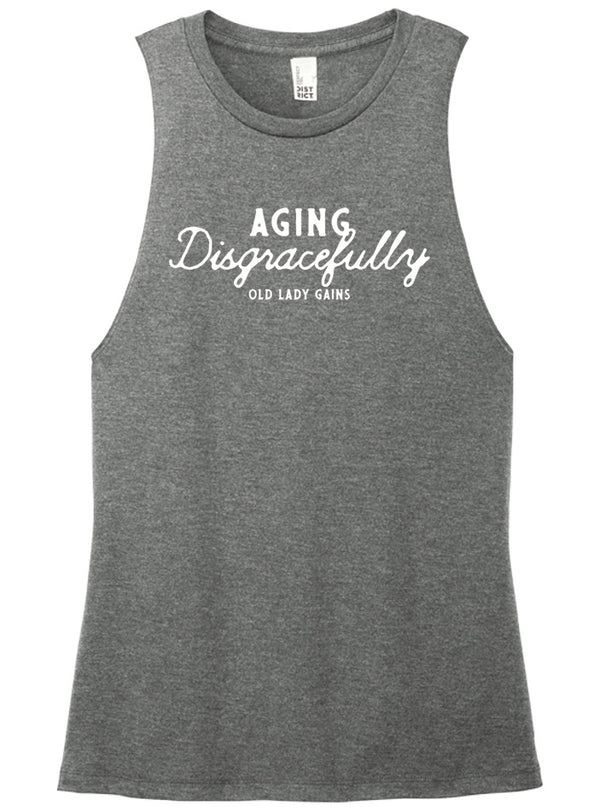 Fun and empowering "Aging Disgracefully" text print grey muscle tank