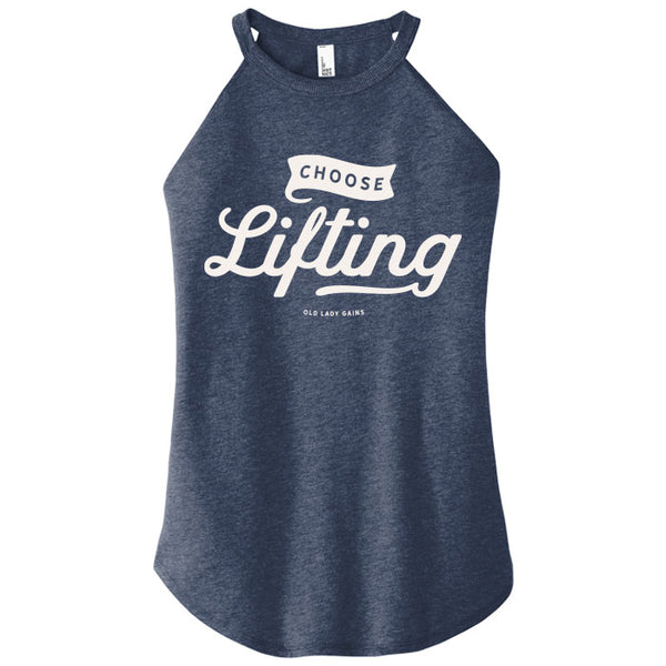 Navy tank top with 'Choose Lifting' text on a white background