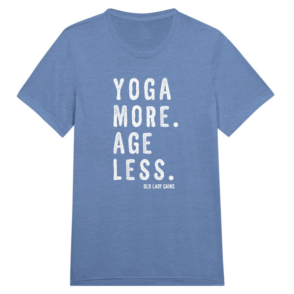 Empowering fitness blue t-shirt for women over 40 featuring the slogan “Yoga More. Age Less.”
