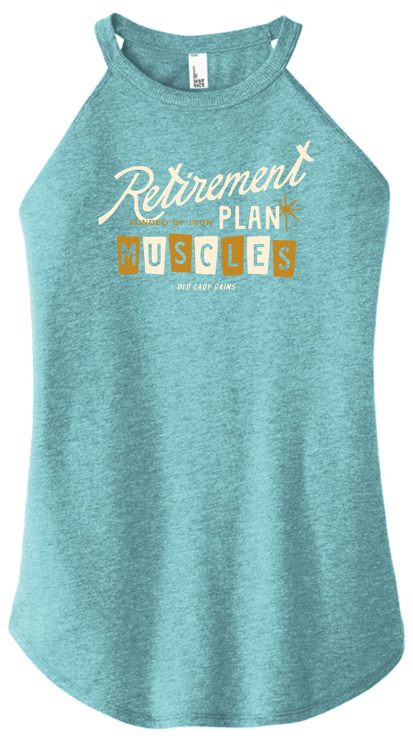 Women over 40 wearing “Retirement Plan: Muscles” fitness tank, strength training for bone density, active aging, weight lifting apparel for strong midlife women.