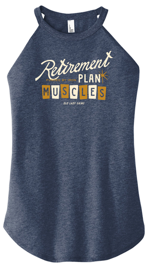 Women over 40 wearing “Retirement Plan: Muscles” fitness tank, strength training for bone density, active aging, weight lifting apparel for strong midlife women.