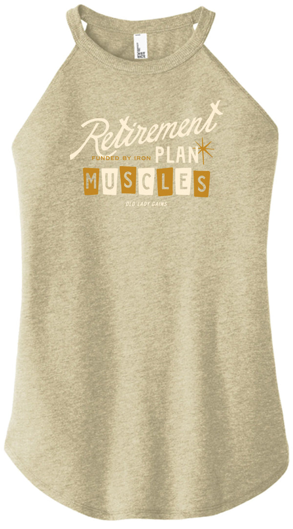 Women over 40 wearing “Retirement Plan: Muscles” fitness tank, strength training for bone density, active aging, weight lifting apparel for strong midlife women.