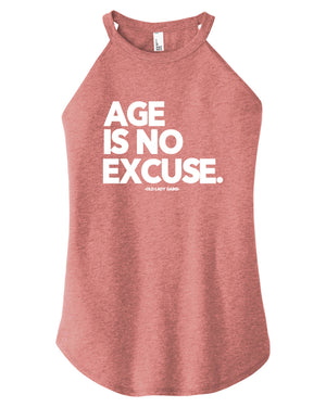 Age is No Excuses halter tank in blush for strong women by Old Lady Gains