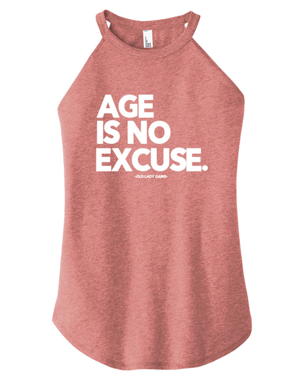 Age is No Excuses halter tank in blush for strong women by Old Lady Gains