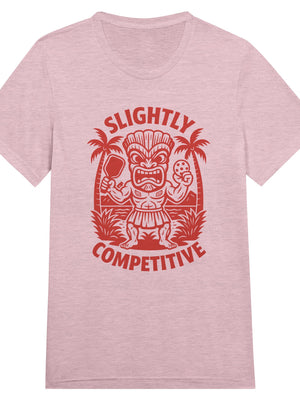 Pink pickleball t-shirt with red graphic and text 'Slightly Competitive' on a white background