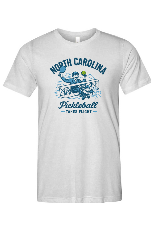 White t-shirt with 'North Carolina Pickleball Takes Flight' design on a white background