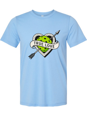 Pickleball graphic with a tattoo-style heart pierced by an arrow and a bright green pickleball with the text “True Love.”