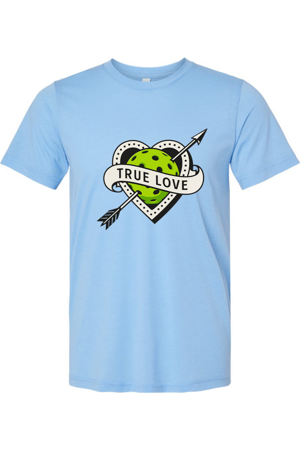 Pickleball graphic with a tattoo-style heart pierced by an arrow and a bright green pickleball with the text “True Love.”