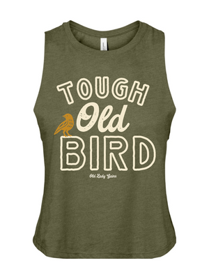 Green tank top with 'Tough Old Bird' text and a bird graphic on a white background