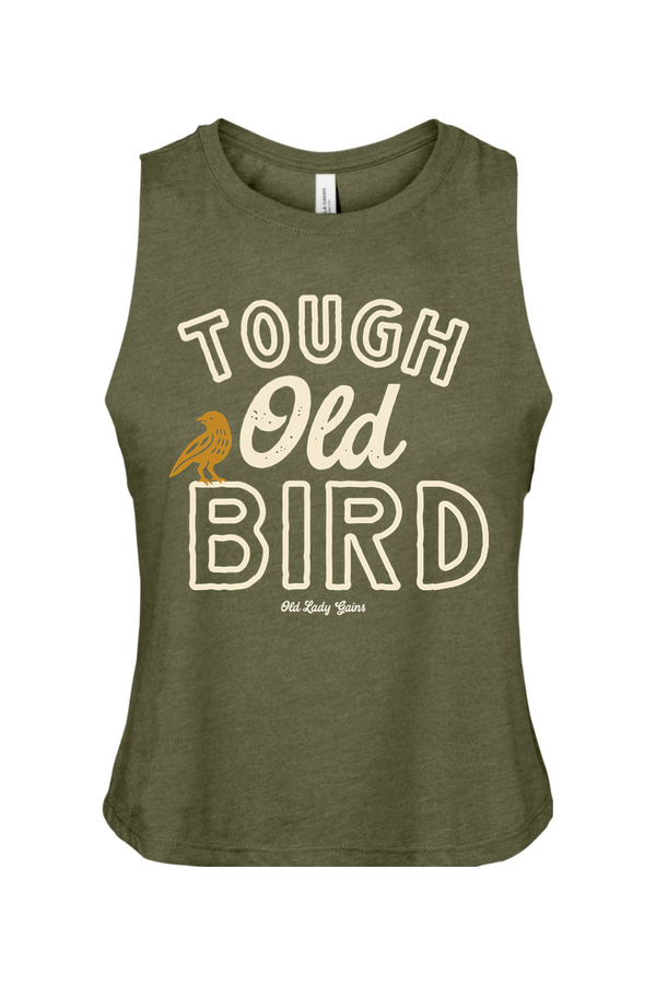 Green tank top with 'Tough Old Bird' text and a bird graphic on a white background