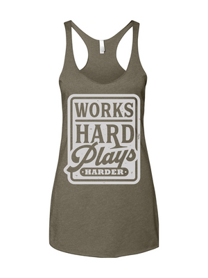 Green tank top with 'Works Hard Plays Harder' text on a white background