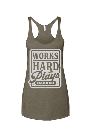 Green tank top with 'Works Hard Plays Harder' text on a white background