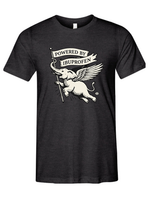 Funny gym shirt for aging athletes of a Winged elephant holding a banner reads "Powered By Ibuprofen"