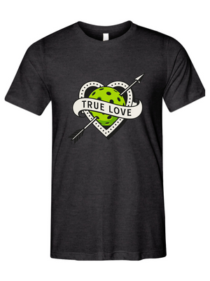Pickleball graphic with a tattoo-style heart pierced by an arrow and a bright green pickleball with the text “True Love.”