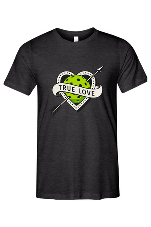 Pickleball graphic with a tattoo-style heart pierced by an arrow and a bright green pickleball with the text “True Love.”