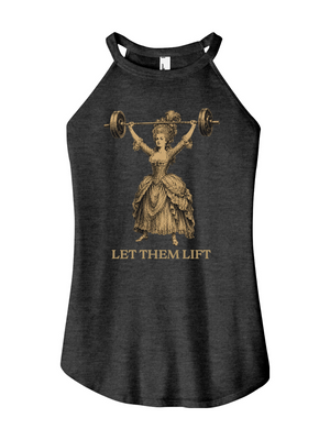 Black tank top with vintage-style graphic of a woman lifting weights and 'LET THEM LIFT' text on a white background.