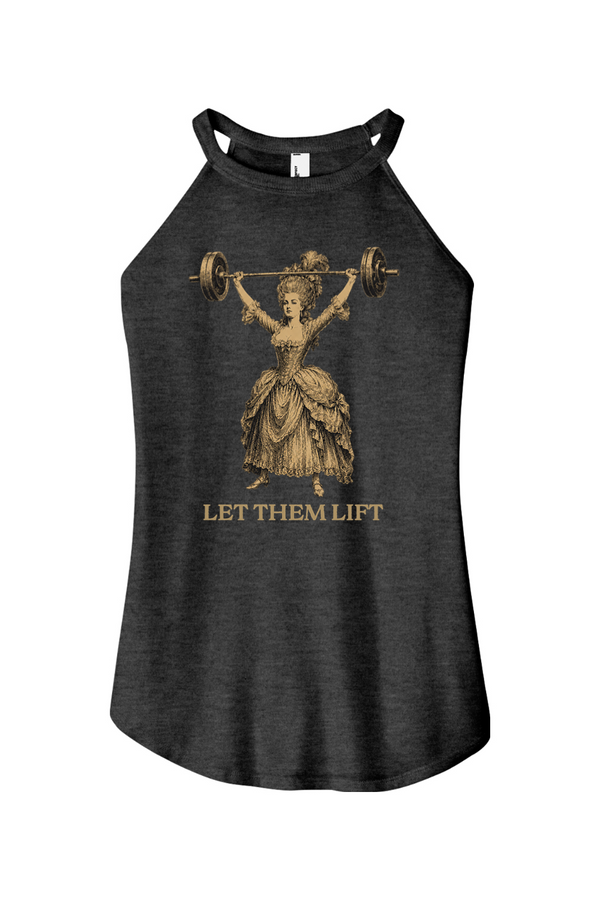 Black tank top with vintage-style graphic of a woman lifting weights and 'LET THEM LIFT' text on a white background.