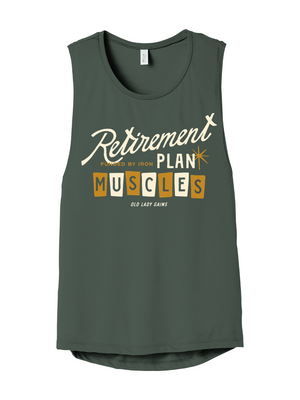 Green tank top with humorous Retirement Plan Muscles graphic on a white background