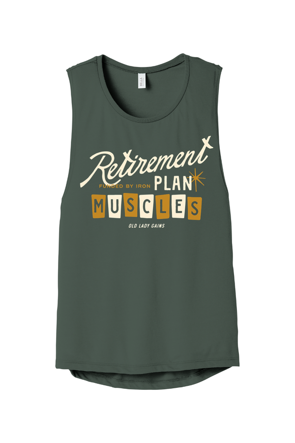 Green tank top with humorous Retirement Plan Muscles graphic on a white background