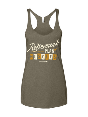 Women over 40 wearing “Retirement Plan: Muscles” fitness tank, strength training for bone density, active aging, weight lifting apparel for strong midlife women.