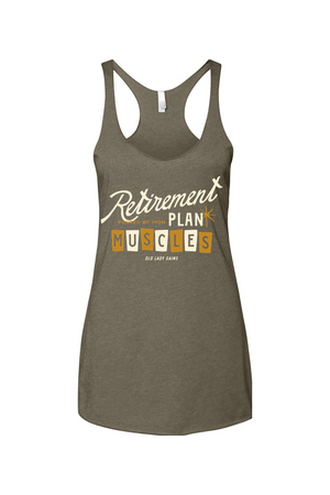 Women over 40 wearing “Retirement Plan: Muscles” fitness tank, strength training for bone density, active aging, weight lifting apparel for strong midlife women.