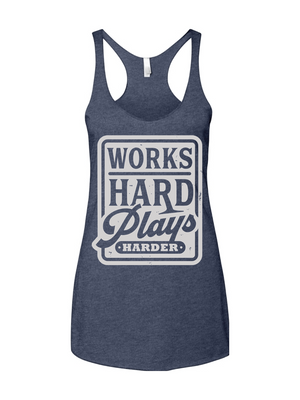 Navy blue tank top with 'Works Hard Plays HARDER' text on a white background