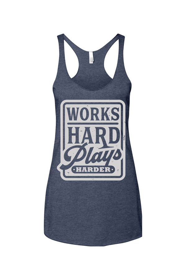 Navy blue tank top with 'Works Hard Plays HARDER' text on a white background