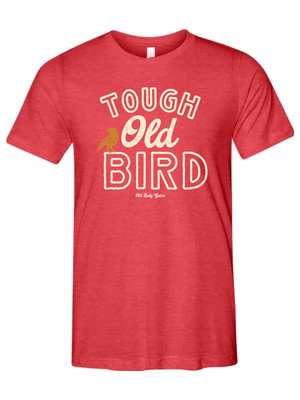 Red t-shirt with 'Tough Old Bird' text and graphic on a white background