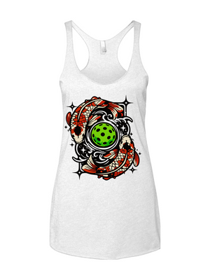 White tank top with a colorful koi fish swimming around a green pickleball design on a white background