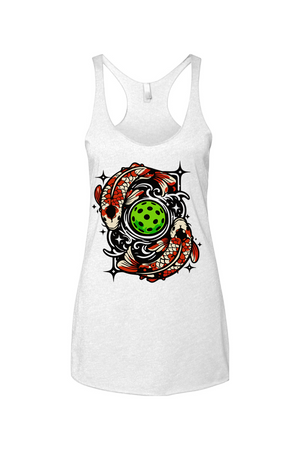 White tank top with a colorful koi fish swimming around a green pickleball design on a white background