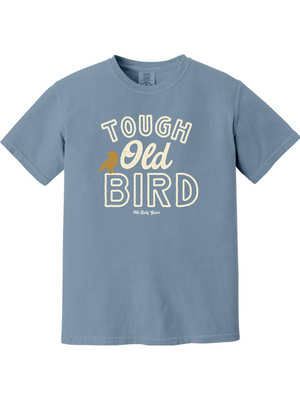 Blue t-shirt with 'Tough Old Bird' text and a bird graphic on a white background