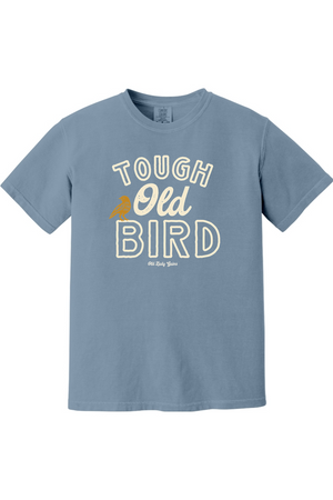 Blue t-shirt with 'Tough Old Bird' text and a bird graphic on a white background