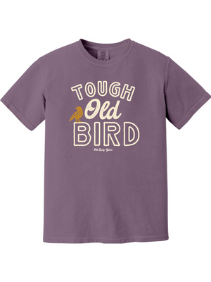 Purple t-shirt with 'Tough Old Bird' text and graphic on a white background