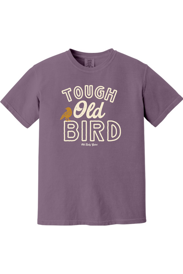 Purple t-shirt with 'Tough Old Bird' text and graphic on a white background