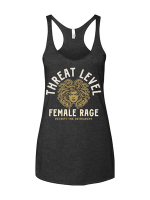 Black tank top with graphic design and text on a white background