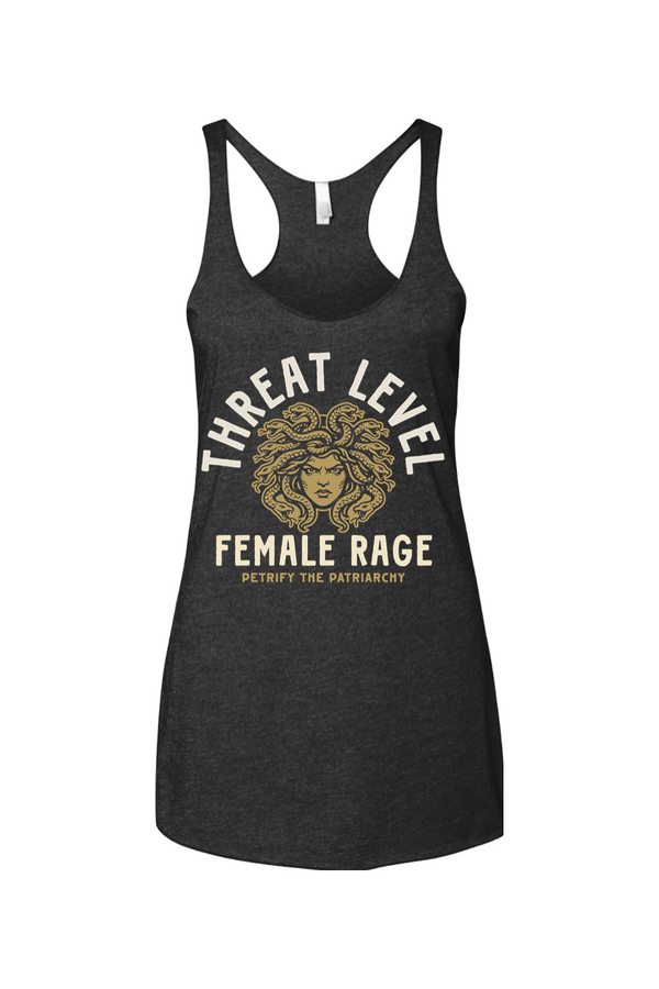 Black tank top with graphic design and text on a white background